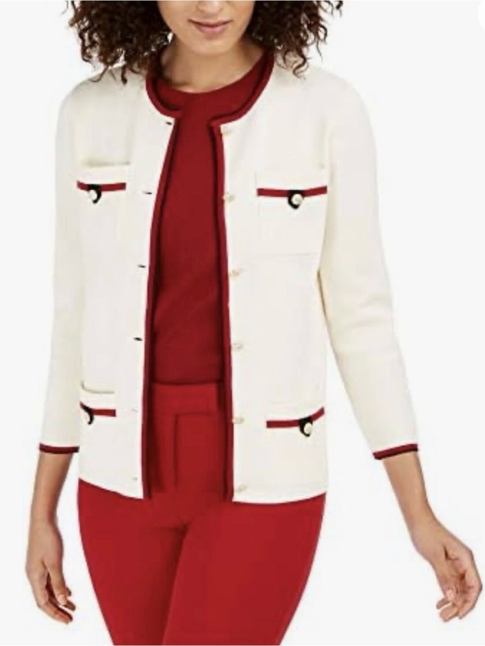Anne Klein Cream Knit Blazer with Red Trim